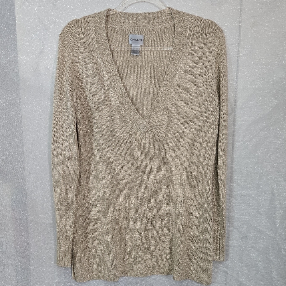 Chico's Sparkling Golden V-Neck Sweater Soft Knit Relaxed Fit